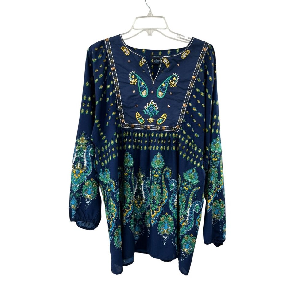 Westbound Womens XL Boho Embroidered V-Neck Pullover Blouse  Navy/Green Sequins